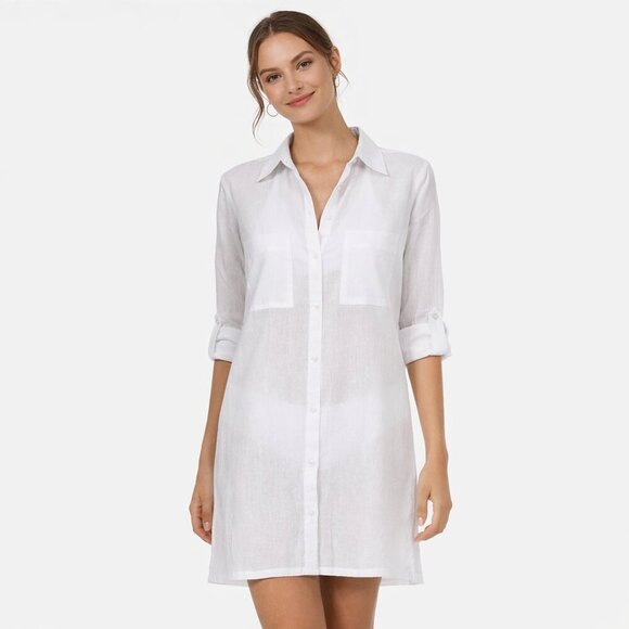 La Blanca Other - La Blanca White Sheer Button Front Shirt Dress Cover Up Holiday Resort Size M
